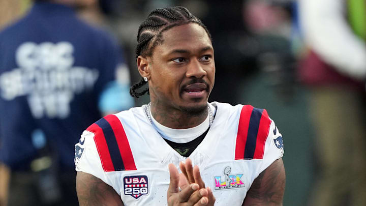 Feb 8, 2026; Santa Clara, CA, USA; New England Patriots wide receiver Stefon Diggs (8) during halftime against the Seattle Seahawks in Super Bowl LX at Levi's Stadium. Mandatory Credit: Darren Yamashita-Imagn Images