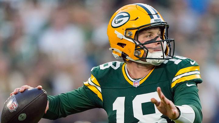 Green Bay Packers quarterback Kyle McCord (18) throws a pass during the first quarter against the Arizona Cardinals. Green Bay Packers quarterback Kyle McCord (18) throws a pass during the first quarter against the Arizona Cardinals.