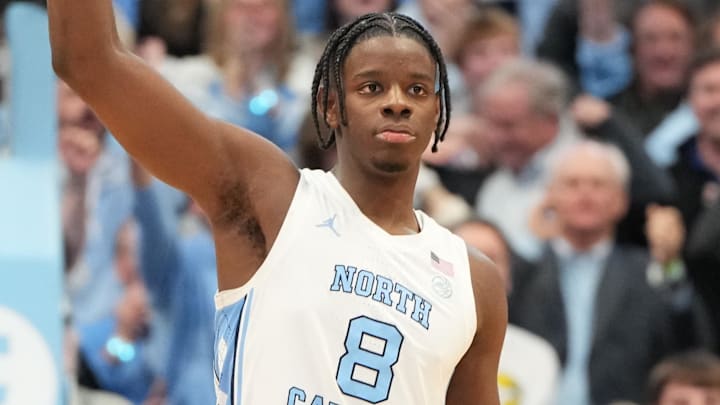 Feb 7, 2026; Chapel Hill, North Carolina, USA; North Carolina Tar Heels forward Caleb Wilson (8) on the court in the second half at Dean E. Smith Center. Mandatory Credit: Bob Donnan-Imagn Images