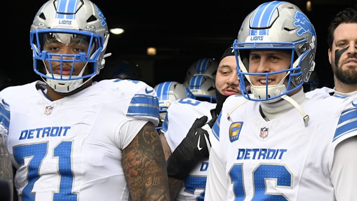 Detroit Lions guard Miles Frazier (71) and quarterback Jared Goff (16) wait in the tunnel before the game against the Chicago Bears at Soldier Field. Detroit Lions guard Miles Frazier (71) and quarterback Jared Goff (16) wait in the tunnel before the game against the Chicago Bears at Soldier Field.
