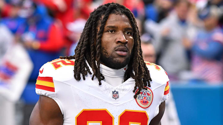 Nov 17, 2024; Orchard Park, New York, USA; Kansas City Chiefs linebacker Nick Bolton (32) enters the field before a game against the Buffalo Bills at Highmark Stadium. Mandatory Credit: Mark Konezny-Imagn Images