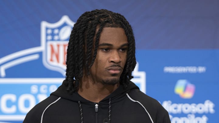 Feb 26, 2026; Indianapolis, IN, USA; Tennessee defensive back Jermod McCoy (DB20) speaks to media members during the NFL Combine at the Indiana Convention Center. Mandatory Credit: Jacob Musselman-Imagn Images