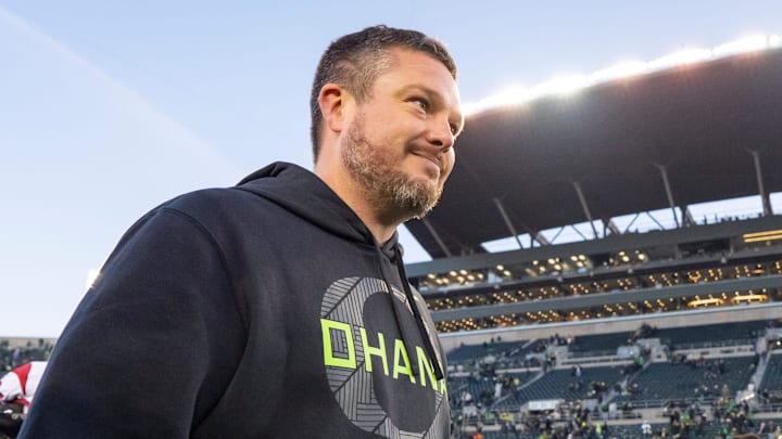 Oregon head coach Dan Lanning walks off after his win as the Oregon Ducks host the USC Trojans on Nov. 22, 2025, at Autzen Stadium in Eugene, Oregon.