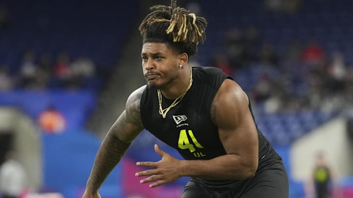 Feb 26, 2026; Indianapolis, IN, USA; Texas A&M defensive lineman Cashius Howell (DL41) during the NFL Scouting Combine  at Lucas Oil Stadium. Mandatory Credit: Kirby Lee-Imagn Images