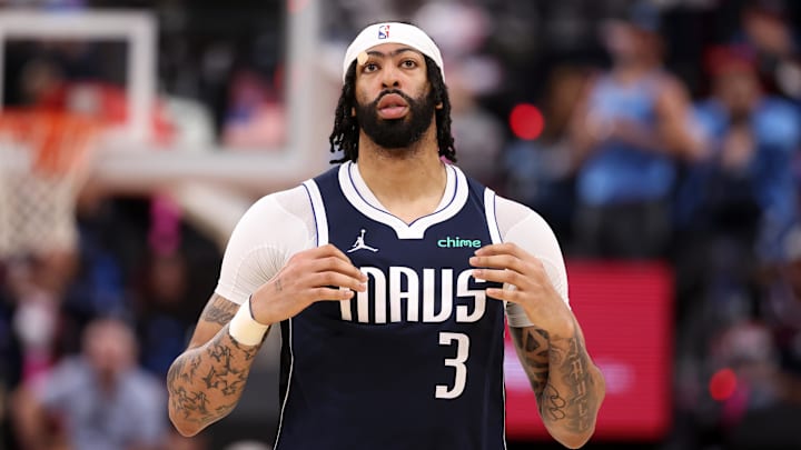 Apr 5, 2025; Inglewood, California, USA;  Dallas Mavericks forward Anthony Davis (3) looks on during the second half against the Los Angeles Clippers at Intuit Dome. Mandatory Credit: Kiyoshi Mio-Imagn Images