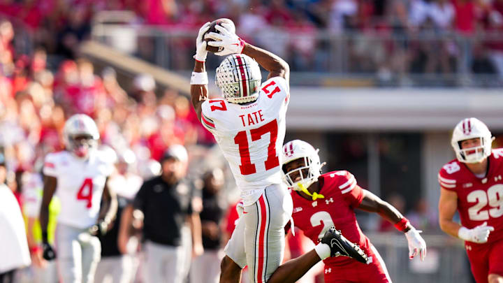 Ohio State Buckeyes wide receiver Carnell Tate (17) catches a pass in the first half at Camp Randall Stadium on Saturday, Oct. 18, 2025 in Madison, Wisconsin.