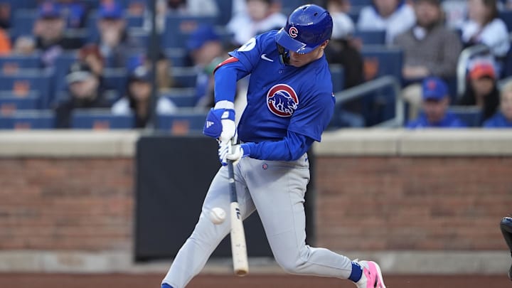 May 10, 2025; New York City, New York, USA; Chicago Cubs center fielder Pete Crow-Armstrong (4) hits a single against the New York Mets during the first inning at Citi Field.