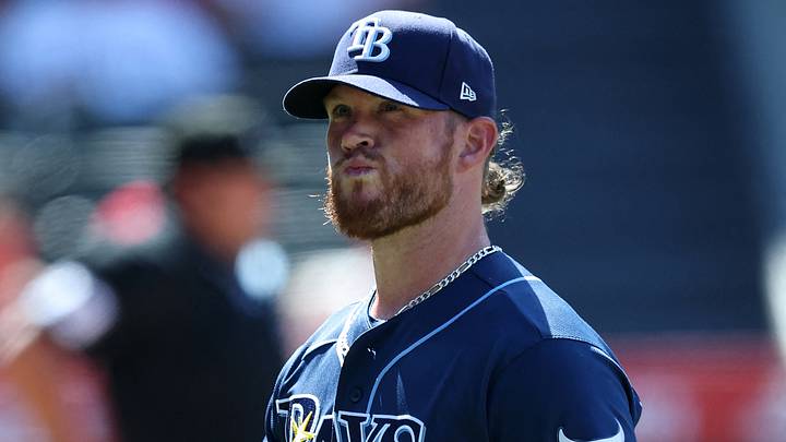 Jun 14, 2026; Anaheim, California, USA;  Tampa Bay Rays pitcher Craig Kimbrel (46) walks to the dugout after being removed from the game during the eighth inning against the Los Angeles Angels at Angel Stadium. Mandatory Credit: Kiyoshi Mio-Imagn Images