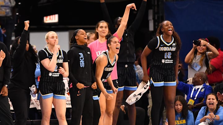 May 29, 2025; Chicago, Illinois, USA; The Chicago Sky bench celebrates during the second half against the Dallas Wings at the Wintrust Arena. Mandatory Credit: Patrick Gorski-Imagn Images