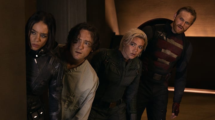 (L-R) Ghost (Hannah John-Kamen), Bob (Lewis Pullman), Yelena Belova (Florence Pugh) and John Walker (Wyatt Russell) in Marvel Studios' THUNDERBOLTS*. Photo by Chuck Zlotnick. © 2025 MARVEL. All Rights Reserved.