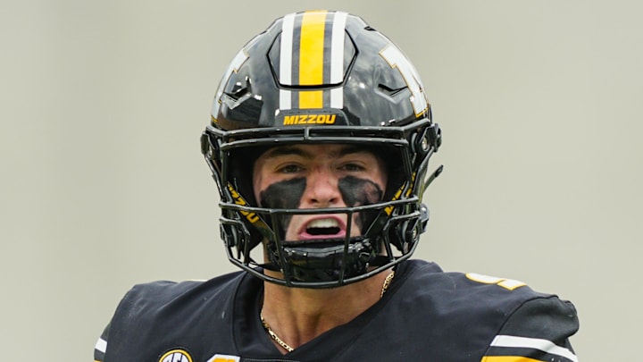 Oct 11, 2025; Columbia, Missouri, USA; Missouri Tigers quarterback Beau Pribula (9) reacts during the first half against the Alabama Crimson Tide at Faurot Field at Memorial Stadium. Mandatory Credit: Jay Biggerstaff-Imagn Images