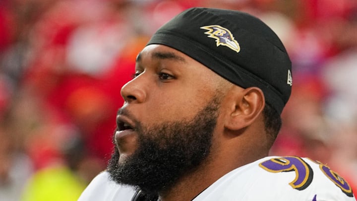 Baltimore Ravens defensive tackle Travis Jones on field against the Kansas City Chiefs. Baltimore Ravens defensive tackle Travis Jones on field against the Kansas City Chiefs.