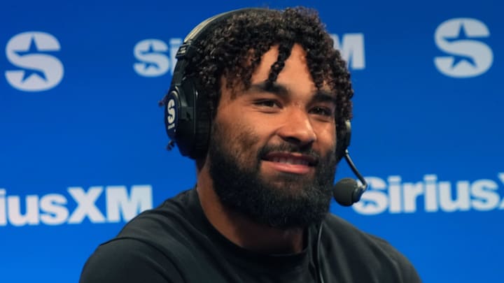 Feb 4, 2026; San Francisco, CA, USA;  Los Angeles Rams running back Kyren Williams on the SiriusXM NFL radio set at the Super Bowl LX media center at the Moscone Center. Mandatory Credit: Kirby Lee-Imagn Images