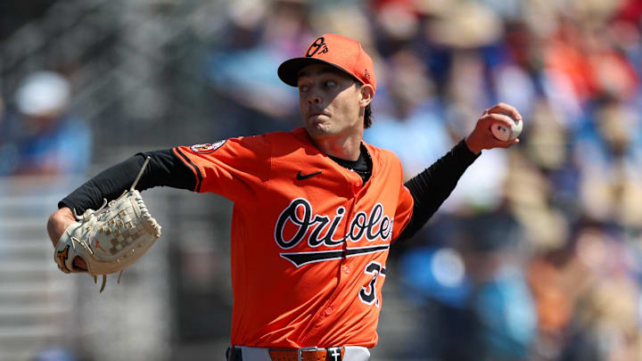 Mar 13, 2025; Dunedin, Florida, USA; Baltimore Orioles pitcher Cade Povich (37) throws a pitch against the Toronto Blue Jays in the first inning during spring training at TD Ballpark. Mar 13, 2025; Dunedin, Florida, USA; Baltimore Orioles pitcher Cade Povich (37) throws a pitch against the Toronto Blue Jays in the first inning during spring training at TD Ballpark.