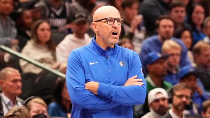 Dec 21, 2024; Dallas, Texas, USA;  Dallas Mavericks head coach Jason Kidd reacts against the LA Clippers during the first half at American Airlines Center. Mandatory Credit: Chris Jones-Imagn Images