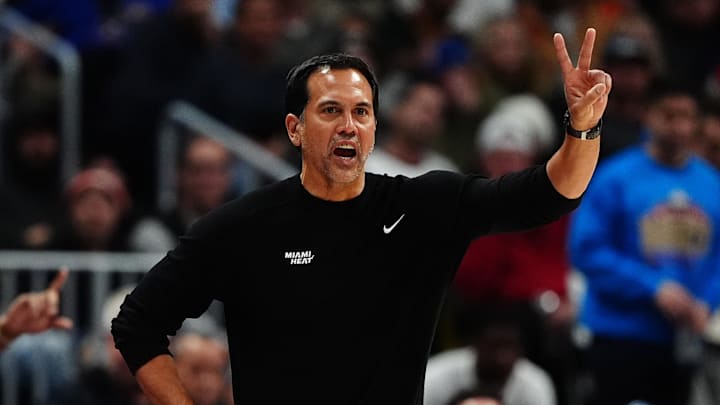 Nov 8, 2024; Denver, Colorado, USA; Miami Heat head coach Erik Spoelstra calls out in the second half against the Denver Nuggets at Ball Arena. Mandatory Credit: Ron Chenoy-Imagn Images Nov 8, 2024; Denver, Colorado, USA; Miami Heat head coach Erik Spoelstra calls out in the second half against the Denver Nuggets at Ball Arena. Mandatory Credit: Ron Chenoy-Imagn Images