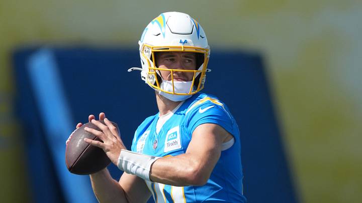Los Angeles Chargers quarterback Justin Herbert throws the ball at training camp at The Bolt; Kirby Lee