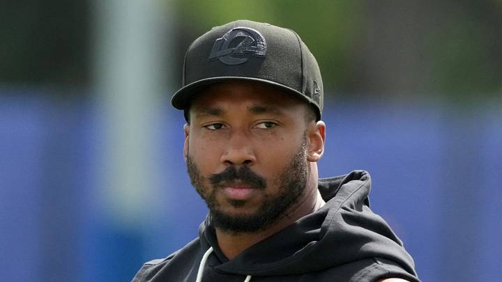 Los Angeles Rams defensive end Myles Garrett looks on