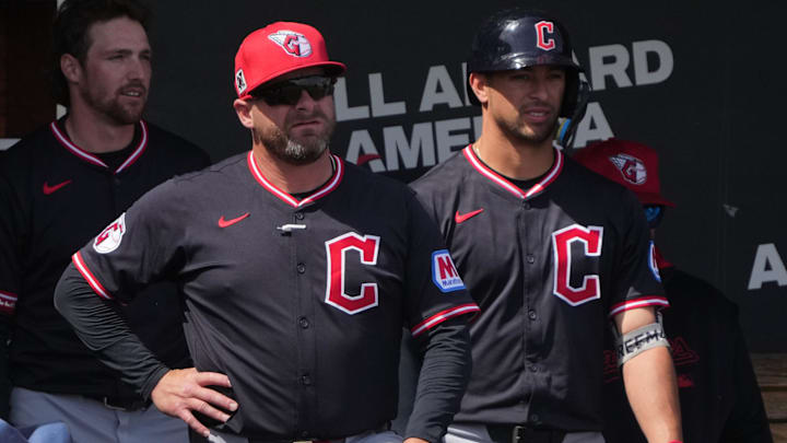 Mar 16, 2025; Phoenix, Arizona, USA; Cleveland Guardians manager Stephen Vogt (12) gets ready for a game against the Milwaukee Brewers at American Family Fields of Phoenix. Mandatory Credit: Rick Scuteri-Imagn Images Mar 16, 2025; Phoenix, Arizona, USA; Cleveland Guardians manager Stephen Vogt (12) gets ready for a game against the Milwaukee Brewers at American Family Fields of Phoenix. Mandatory Credit: Rick Scuteri-Imagn Images