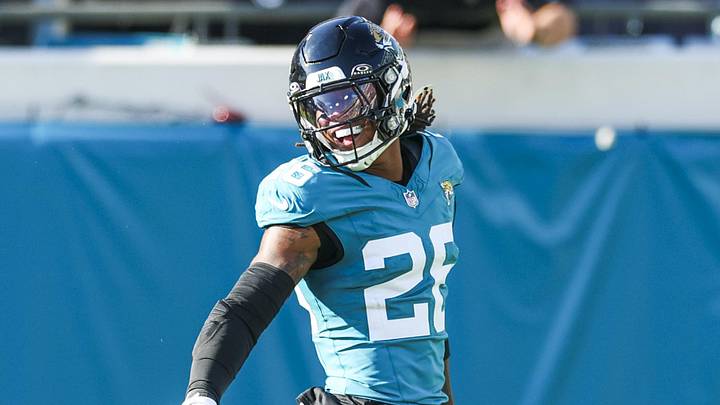 Nov 16, 2025; Jacksonville, Florida, USA; Jacksonville Jaguars safety Antonio Johnson (26) celebrates following an interception against the Los Angeles Chargers during the fourth quarter at EverBank Stadium. Mandatory Credit: Nathan Ray Seebeck-Imagn Images