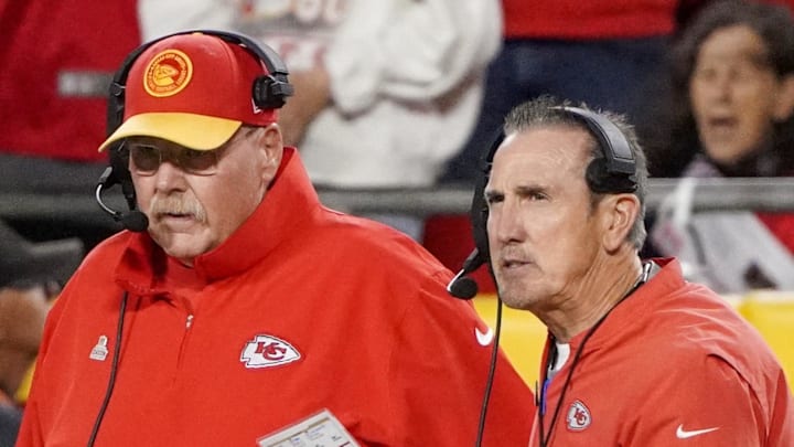 Oct 12, 2023; Kansas City, Missouri, USA; Kansas City Chiefs head coach Andy Reid and defensive coordinator Steve Spagnuolo talk on the sidelines against the Denver Broncos during the game at GEHA Field at Arrowhead Stadium. Mandatory Credit: Denny Medley-Imagn Images