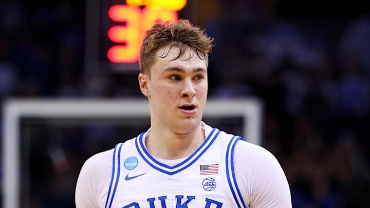 Mar 29, 2025; Newark, NJ, USA; Duke Blue Devils forward Cooper Flagg (2) celebrates with guard Kon Knueppel (7) during the second half against the Alabama Crimson Tide in the East Regional final of the 2025 NCAA tournament at Prudential Center. Mandatory Credit: Vincent Carchietta-Imagn Images