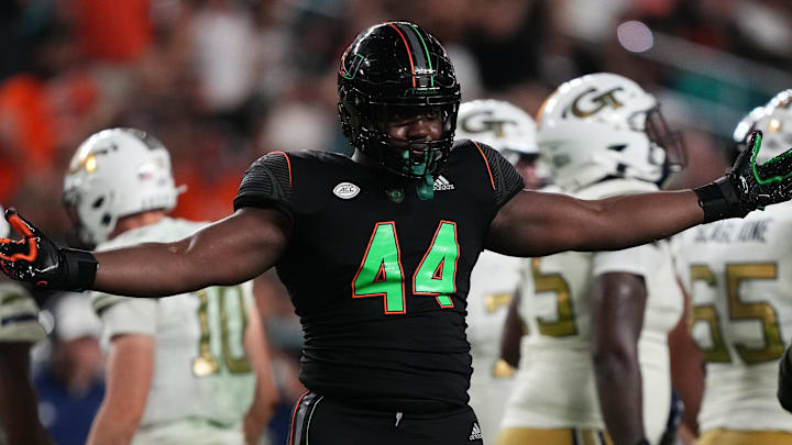Oct 7, 2023; Miami Gardens, Florida, USA; Miami Hurricanes defensive lineman Rueben Bain Jr. (44) celebrates his sack against the Georgia Tech Yellow Jackets in the second half at Hard Rock Stadium. Mandatory Credit: Jasen Vinlove-Imagn Images