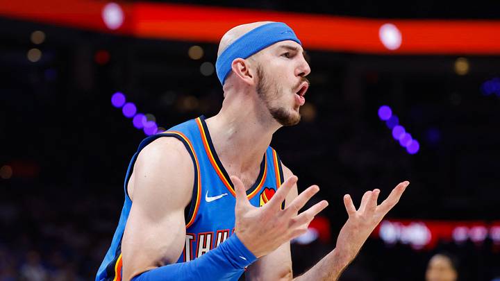 May 20, 2026; Oklahoma City, Oklahoma, USA; Oklahoma City Thunder guard Alex Caruso (9) reacts to a play during the fourth quarter against the San Antonio Spurs during game two of the western conference finals for the 2026 NBA playoffs at Paycom Center. Mandatory Credit: Alonzo Adams-Imagn Images