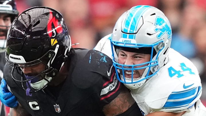 Detroit Lions linebacker Malcolm Rodriguez (44) tackles Arizona Cardinals running back James Conner (6) 