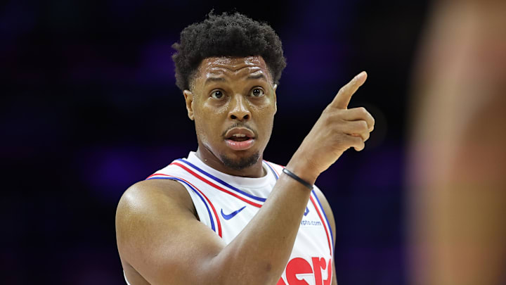 Jan 29, 2025; Philadelphia, Pennsylvania, USA; Philadelphia 76ers guard Kyle Lowry (7) reacts to a play against the Sacramento Kings during the fourth quarter at Wells Fargo Center. Mandatory Credit: Bill Streicher-Imagn Images