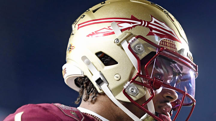 Nov 15, 2025; Tallahassee, Florida, USA; Florida State Seminoles quarterback Tommy Castellanos (1) during pregame warmups against the Virginia Tech Hokies at Doak S. Campbell Stadium. Mandatory Credit: Melina Myers-Imagn Images