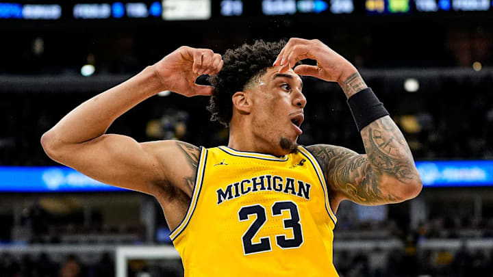 Michigan forward Yaxel Lendeborg (23) reacts being called a personal foul against him during the first half of Big Ten Tournament final against Purdue at United Center in Chicago on Sunday, March 15, 2026.
