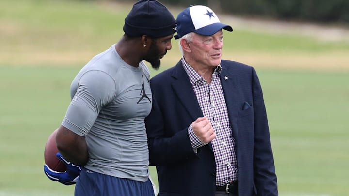Dallas Cowboys receiver Dez Bryant talks with owner Jerry Jones after returning to organized team activities. Dallas Cowboys receiver Dez Bryant talks with owner Jerry Jones after returning to organized team activities.