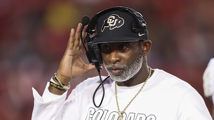 Sep 12, 2025; Houston, Texas, USA; Colorado Buffaloes head coach Deion Sanders reacts during the second quarter against the Houston Cougars at TDECU Stadium. Mandatory Credit: Troy Taormina-Imagn Images