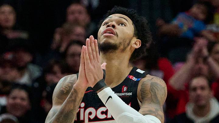 Portland Trail Blazers guard Anfernee Simons (1) reacts after being fouled and scoring a basket during the second half against the Miami Heat at Moda Center on January 11, 2025.