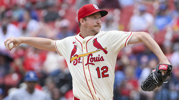 St. Louis Cardinals starting pitcher Erick Fedde (12) throws against the Los Angeles Dodgers at Busch Stadium. 