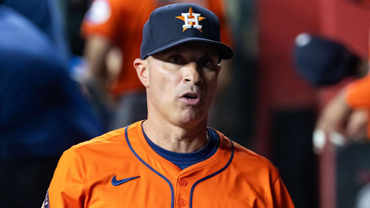 Jul 22, 2025; Phoenix, Arizona, USA; Houston Astros manager Joe Espada against the Arizona Diamondbacks at Chase Field. Mandatory Credit: Mark J. Rebilas-Imagn Images