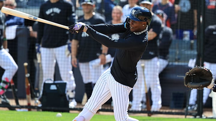 Feb 12, 2026; Tampa, FL, USA;  New York Yankees second baseman Jazz Chisholm Jr. (13) at bat during live batting practice during spring training workouts at George M. Steinbrenner Field. Mandatory Credit: Kim Klement Neitzel-Imagn Images