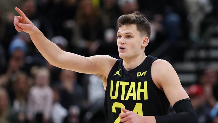 Jan 12, 2024; Salt Lake City, Utah, USA; Utah Jazz center Walker Kessler (24) reacts to a play against the Toronto Raptors during the fourth quarter at Delta Center. Mandatory Credit: Rob Gray-Imagn Images