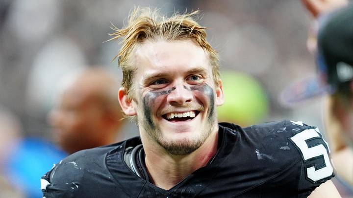 Las Vegas Raiders linebacker Cody Lindenberg reacts after the game against the Tennessee Titans.