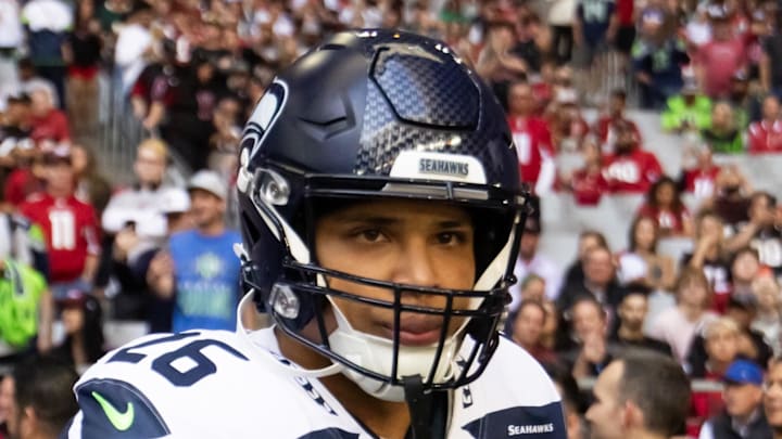 Seattle Seahawks running back Zach Charbonnet runs on the field