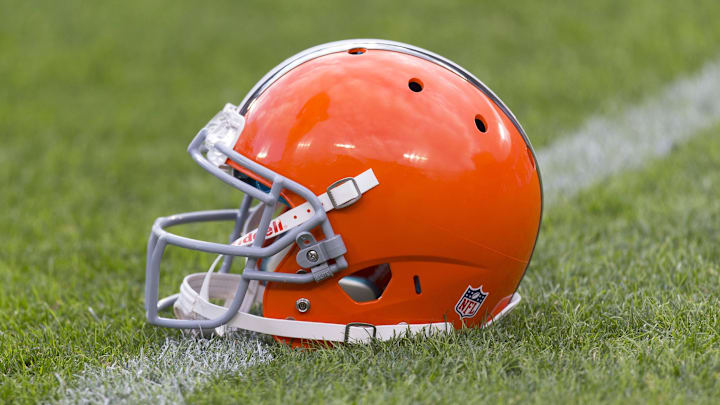 Aug 16, 2012; Green Bay, WI, USA; A Cleveland Browns helmet sits on the field during warmups prior to the game against the Green Bay Packers at Lambeau Field.  The Browns defeated the Packers 35-10.  Mandatory Credit: Jeff Hanisch-Imagn Images