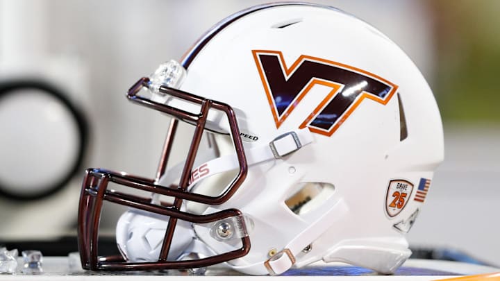 Dec 29, 2016; Charlotte, NC, USA; A Virginia Tech Hokies helmet lays on the sidelines during the second half against the Arkansas Razorbacks during the Belk Bowl at Bank of America Stadium. Virginia Tech defeated Arkansas 35-24. Mandatory Credit: Jeremy Brevard-Imagn Images