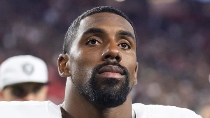 Aug 23, 2025; Glendale, Arizona, USA; Las Vegas Raiders defensive tackle Thomas Booker IV (47) against the Arizona Cardinals during a preseason NFL game at State Farm Stadium. Mandatory Credit: Mark J. Rebilas-Imagn Images