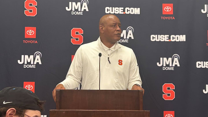 Nov 3, 2025; Syracuse, NY, USA; Syracuse Orange head coach Adrian Autry speaks to the media following SU's win over Binghamton at the JMA Wireless Dome.