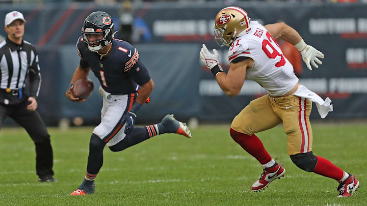 Nick Bosa pursues former Bears QB Justin Fields in the 2021 matchup between the teams at Soldier Field.