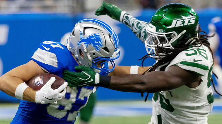 New York Jets linebacker Demario Davis (56) tackles Detroit Lions tight end Sam LaPorta (87) New York Jets linebacker Demario Davis (56) tackles Detroit Lions tight end Sam LaPorta (87)