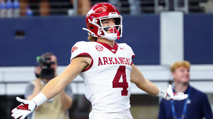 Arkansas Razorbacks wide receiver Isaac TeSlaa (4). Arkansas Razorbacks wide receiver Isaac TeSlaa (4).