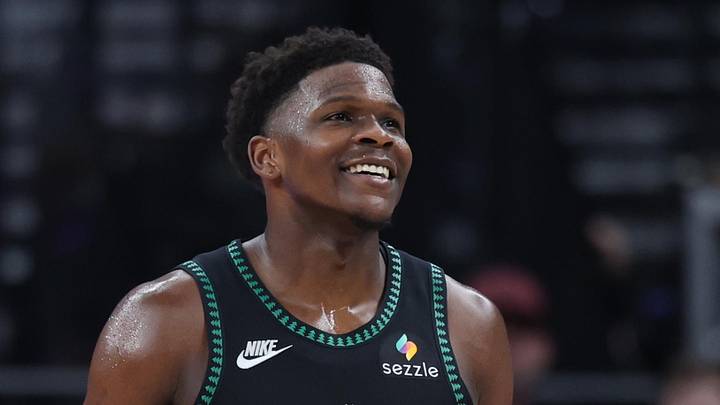 Nov 10, 2025; Salt Lake City, Utah, USA; Minnesota Timberwolves guard Anthony Edwards (5) reacts to a play against the Utah Jazz during the second half at Delta Center. Mandatory Credit: Rob Gray-Imagn Images