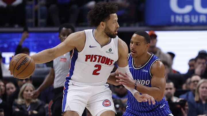 May 3, 2026; Detroit, Michigan, USA; Detroit Pistons guard Cade Cunningham (2) dribbles defended by Orlando Magic guard Desmond Bane (3) in the first half during game seven of the first round of the 2026 NBA Playoffs at Little Caesars Arena. Mandatory Credit: Rick Osentoski-Imagn Images